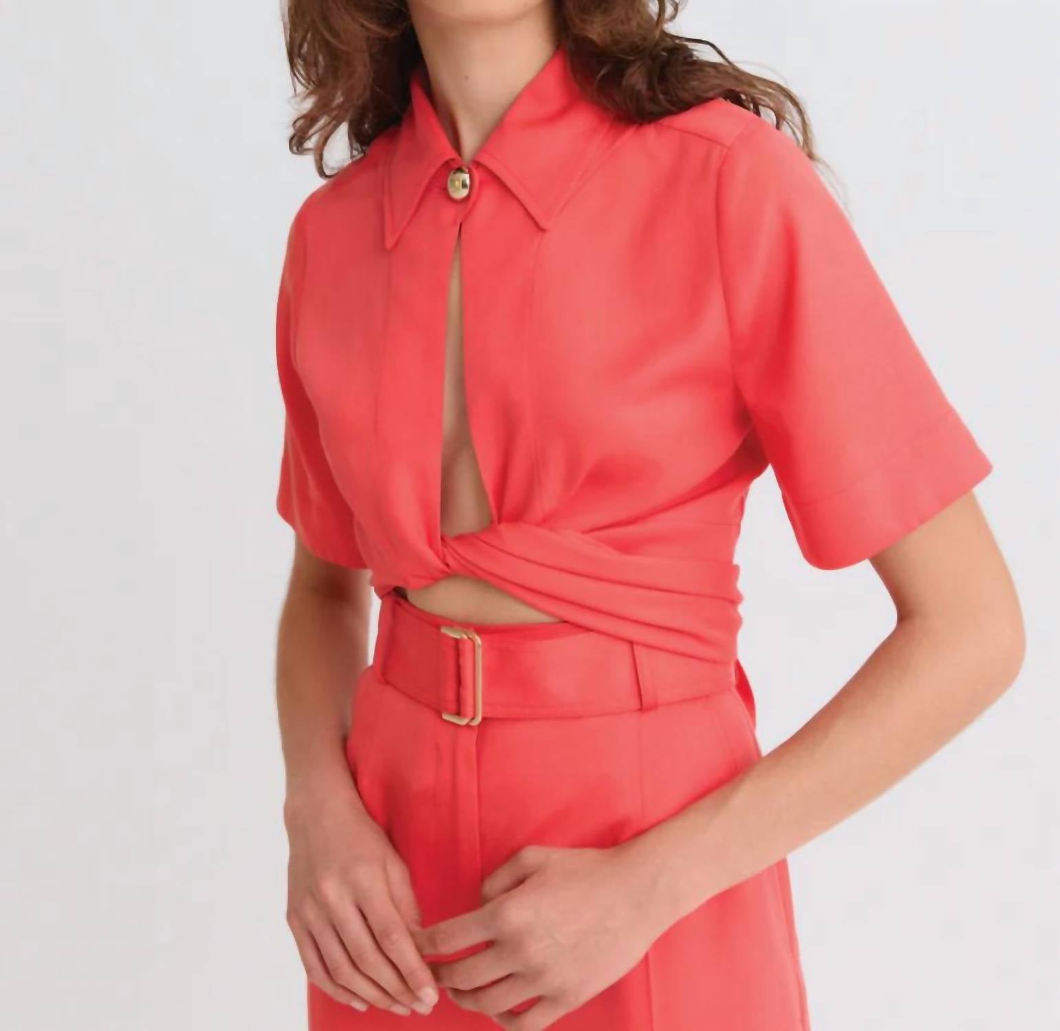 Matthew Bruch Collared Wrap Top in persimmon - women's blouse - detail view