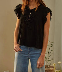 By Together - Woven Cotton Linen Button V-Neck Short Sleeve Top