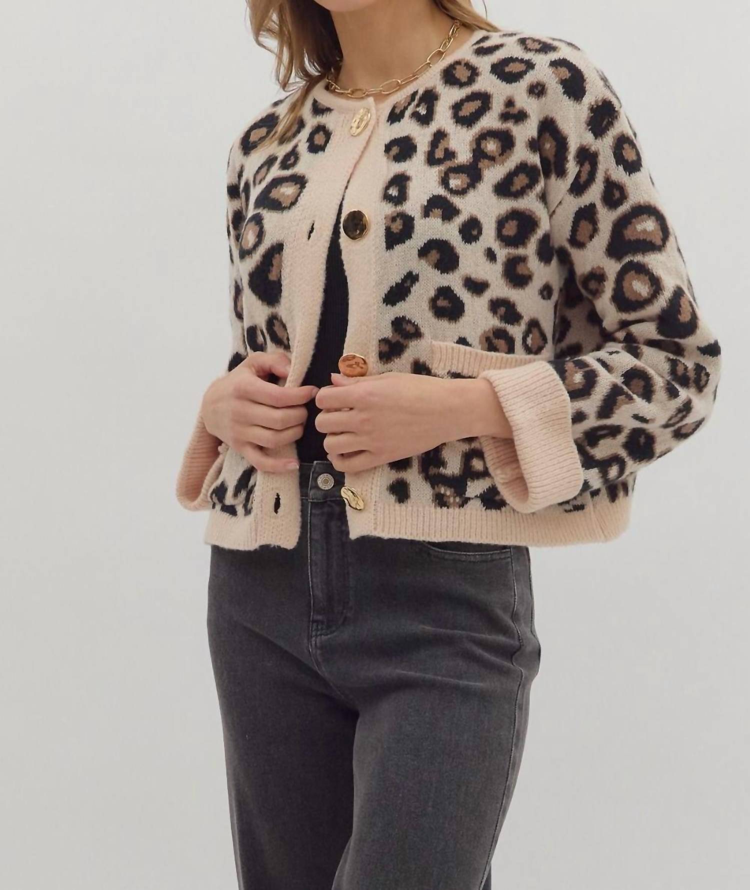 entro Luxe Knit Cardigan in leopard - women's cardigan - detail view