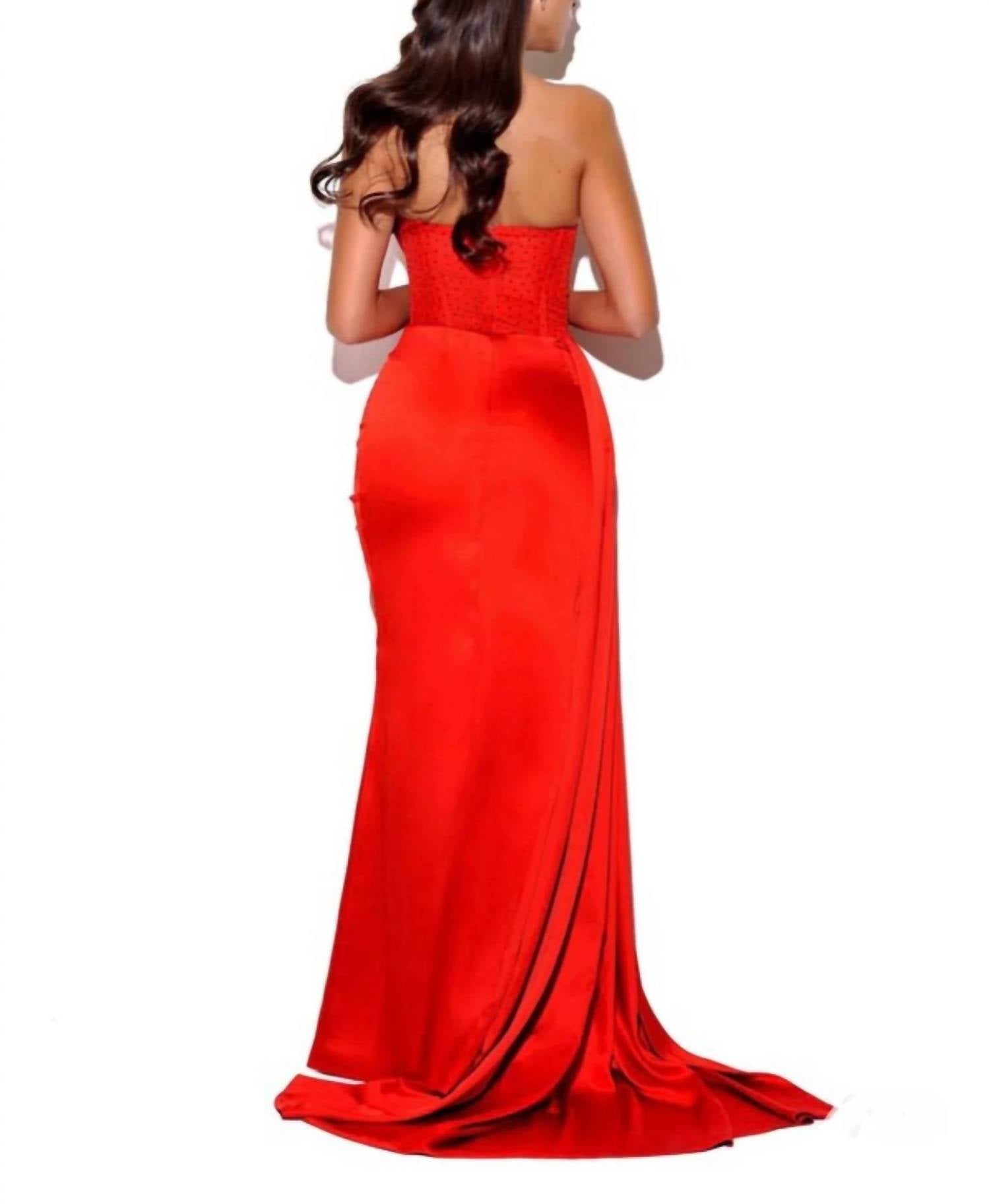 Miss Circle - Satin Crystalized Strapless Formal Gown With High Slit