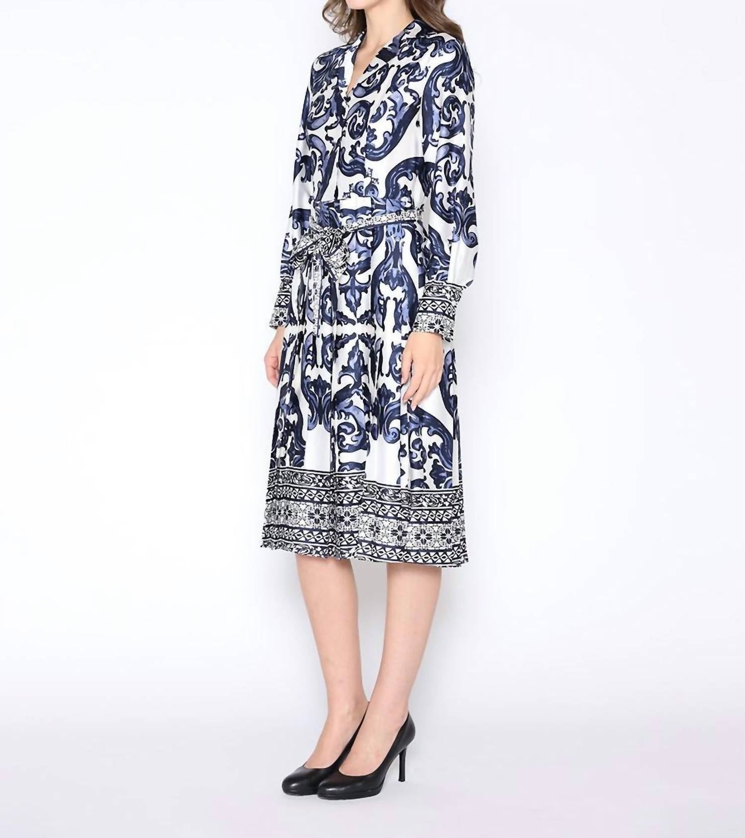 Gracia - Floral Long Sleeve Lapel Collar Tie Belt Dress