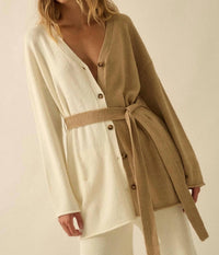 PROMESA Colorblock Belted Cardigan in beige - women's cardigan - detail view