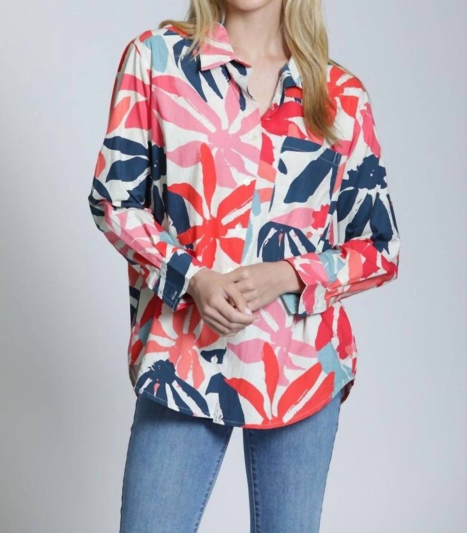 APNY Boyfriend Button Up Shirt in hot coral - women's blouse - alternate view