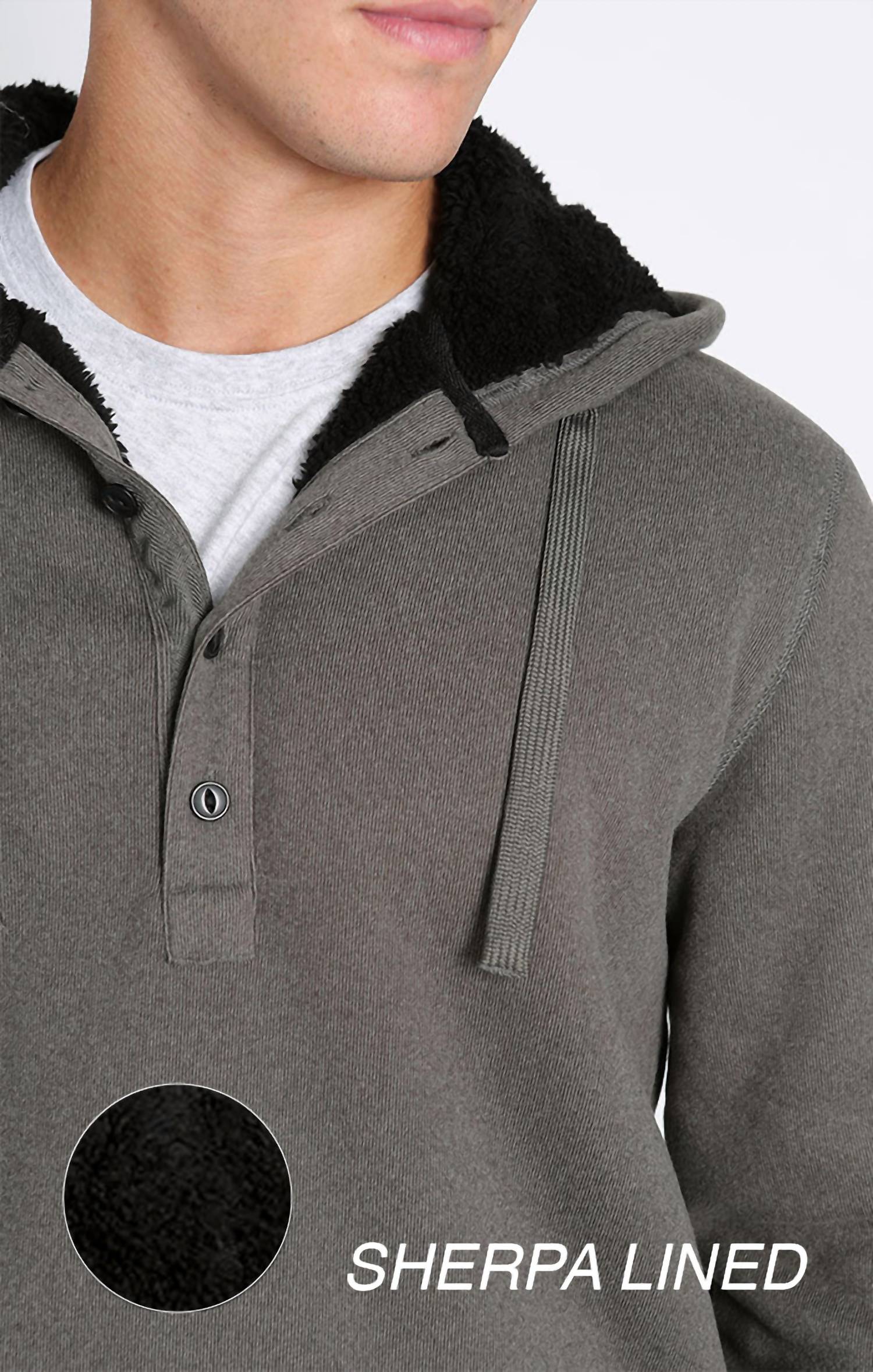Jachs New York - Sherpa Lined Ultra Soft Ribbed Hooded Henley Sweatshirt