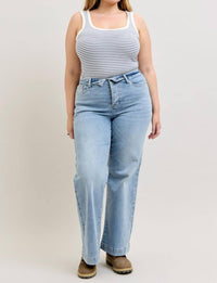 Judy Blue - Mid Rise Retro Fold-over Waistband Wide Leg Jeans