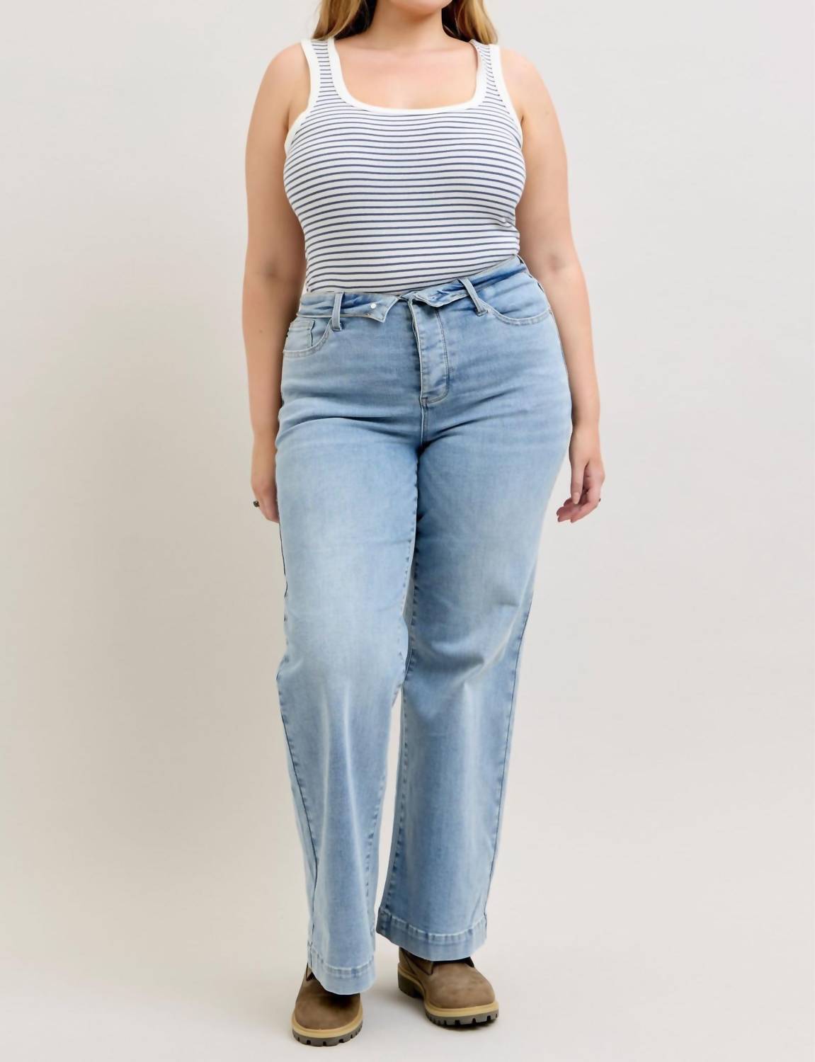 Judy Blue - Mid Rise Retro Fold-over Waistband Wide Leg Jeans