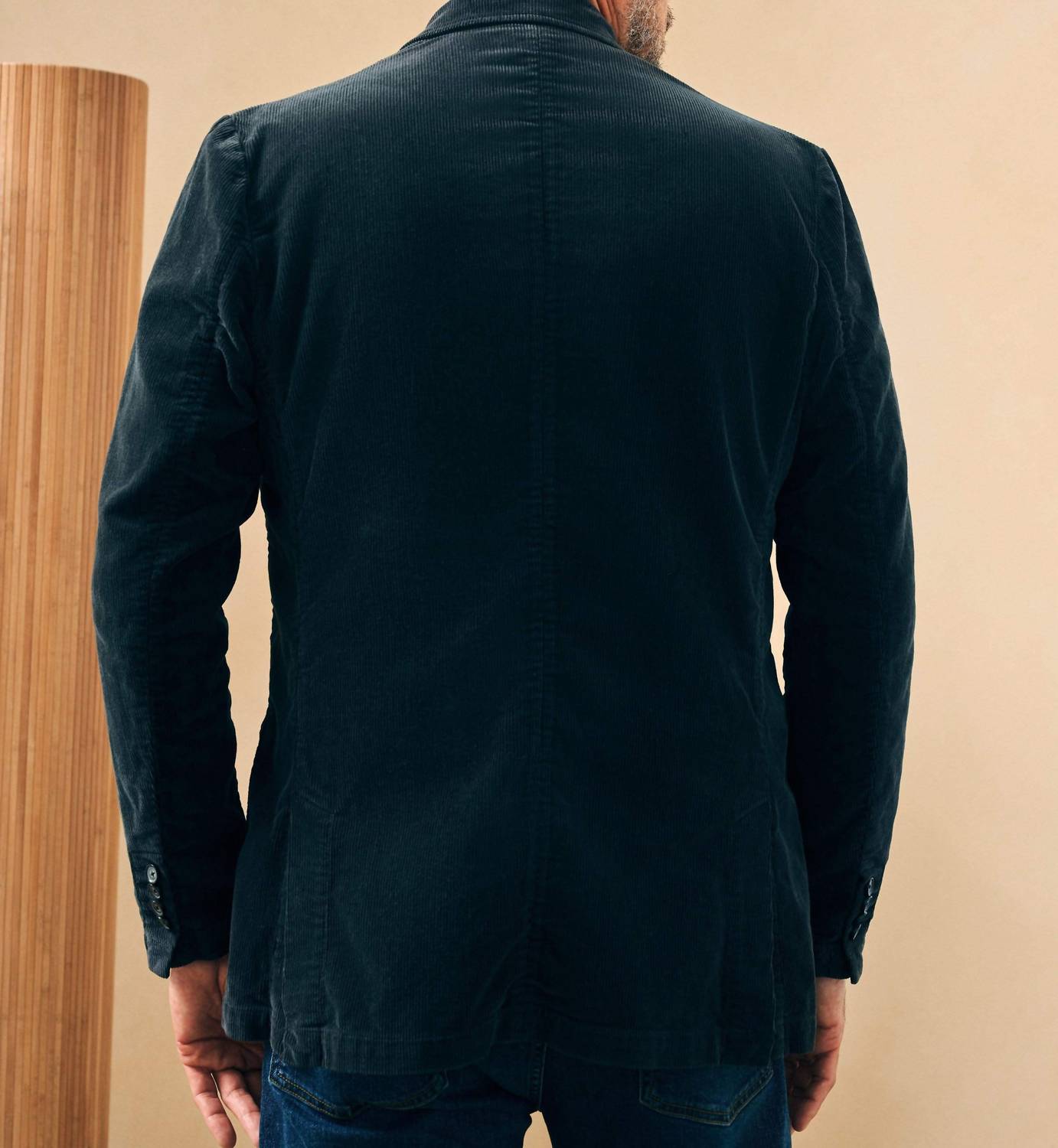 Faherty Men’s Stretch Corduroy Blazer in midnight navy blue - men's jacket - detail view