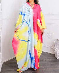 Surelymine - Colorburst Abstract Kimono Maxi Dress Flowy V-neck Style