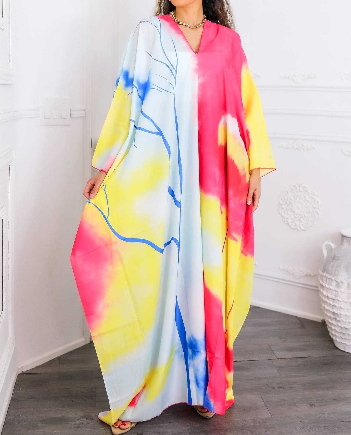 Surelymine - Colorburst Abstract Kimono Maxi Dress Flowy V-neck Style