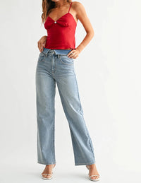 Just Panmaco Inc. - Folded Waist Straight Leg Jeans
