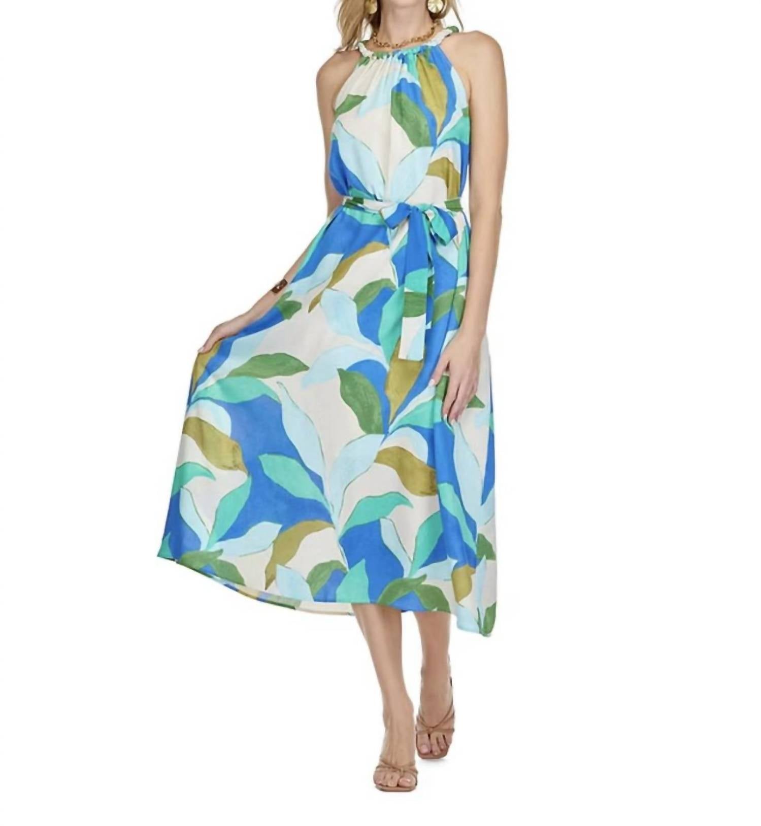 Jade Halter Maxi dress in tropical leaves - women's dress