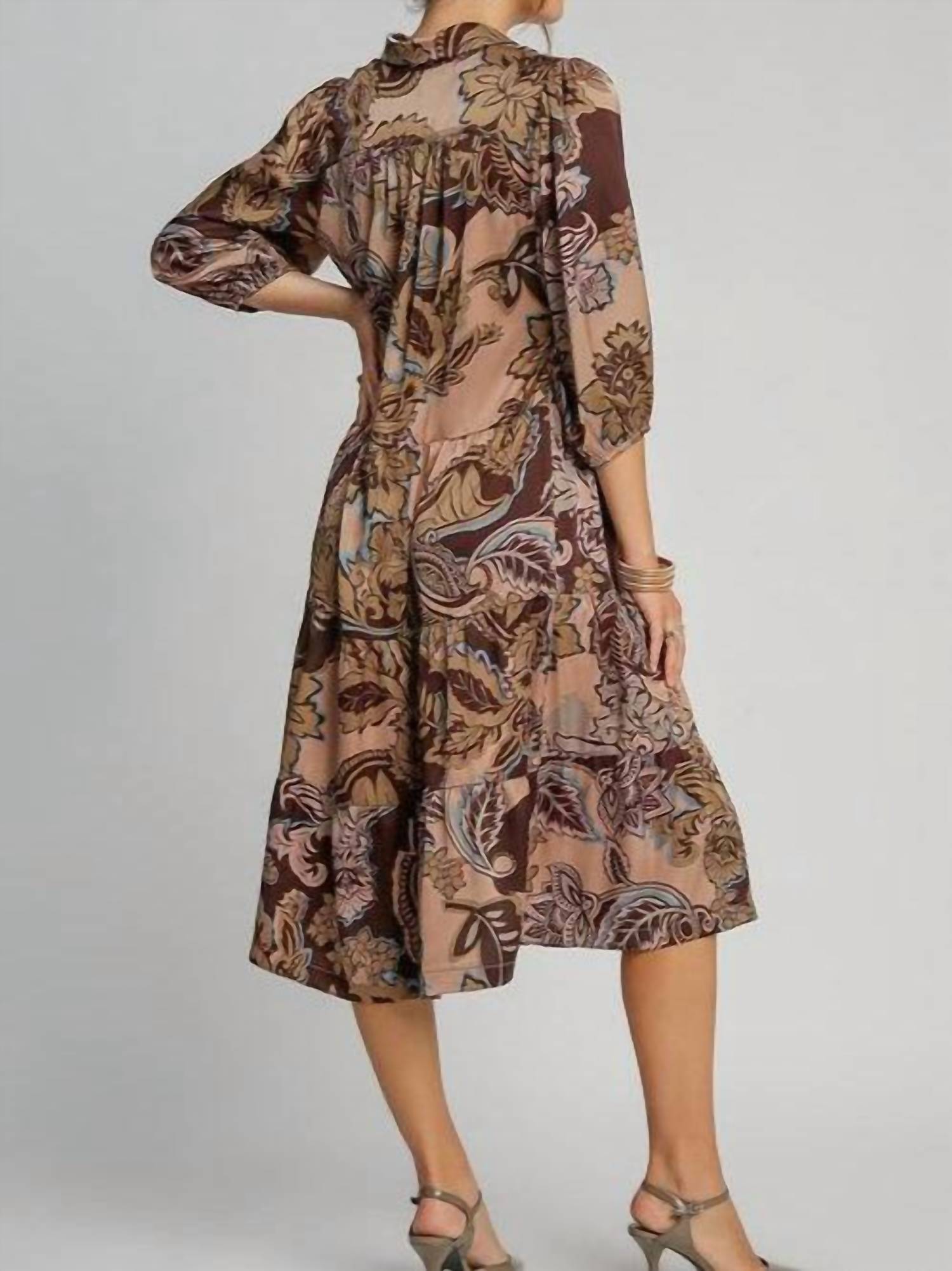 umgee Paisley Print Satin Midi Dress in brown - women's dress - detail view