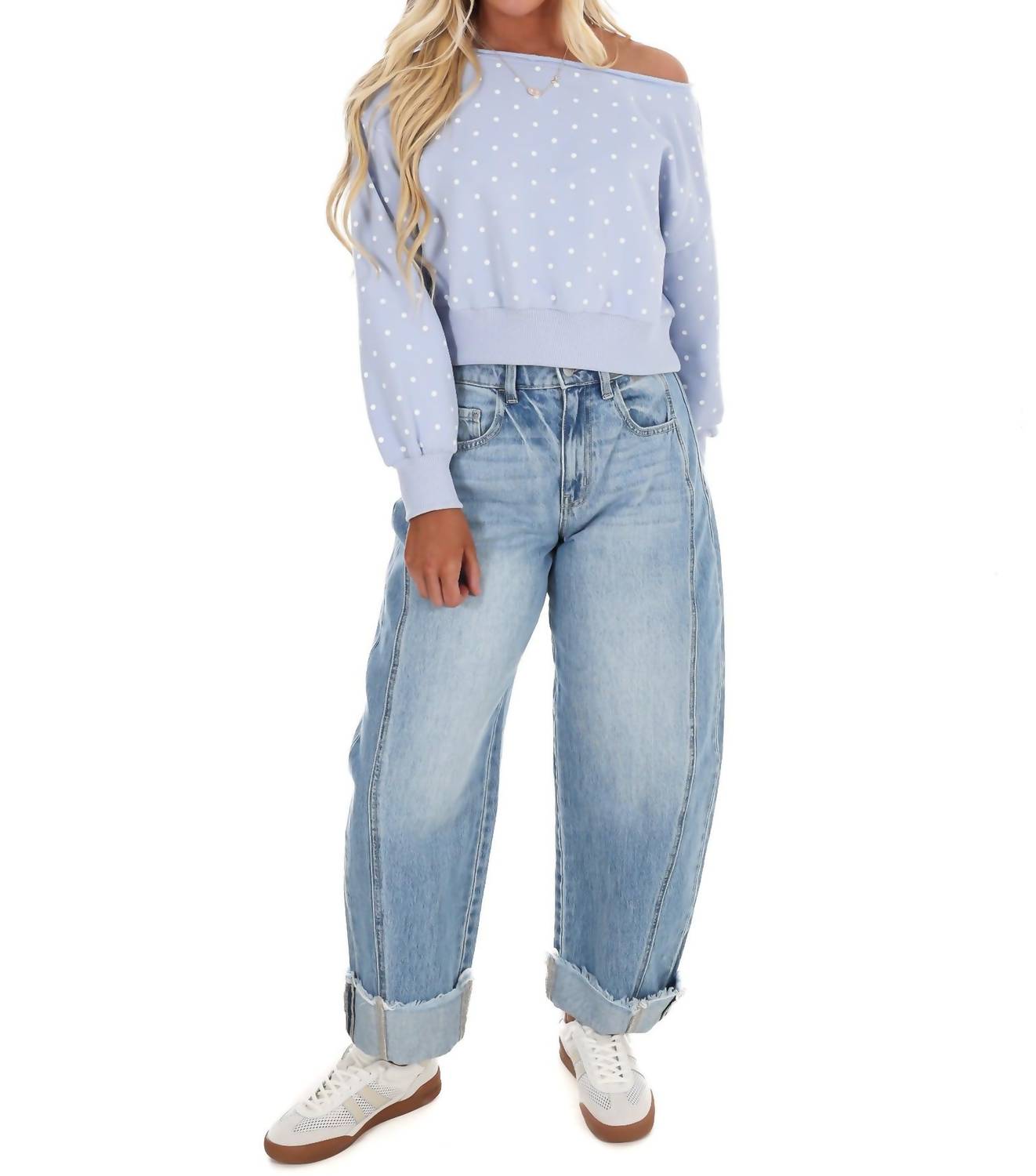 PAPERMOON Comfy Spot Polka Dot Off Shoulder Sweatshirt in light blue - women's sweater - view 7