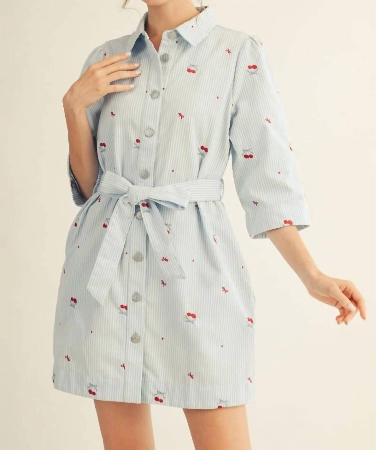 Jodifl - 3/4 Sleeves Stripe Cherry Mini Dress