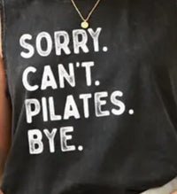 Oat Collective Sorry Can't Pilates Bye Mineral Graphic Tank Top in black - women's tank top - detail view