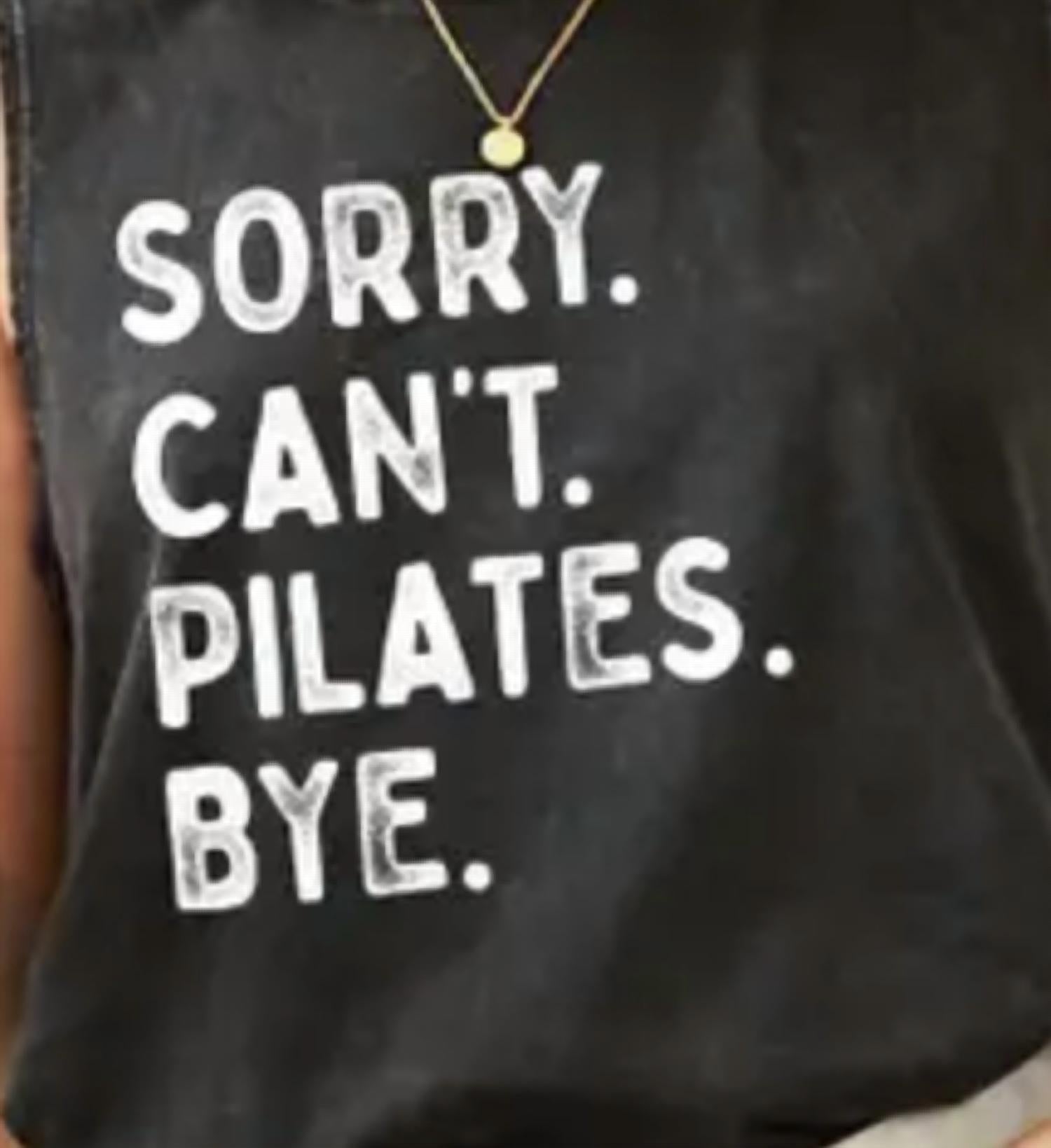 Oat Collective Sorry Can't Pilates Bye Mineral Graphic Tank Top in black - women's tank top - detail view