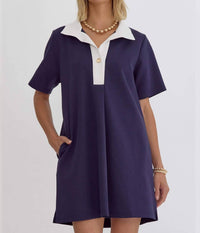 entro Modern Flair Collar Dress in navy and white - women's dress