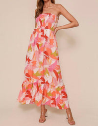 Timing Strapless Vibrant Floral Smocked Maxi Dress in pink multi - women's dress