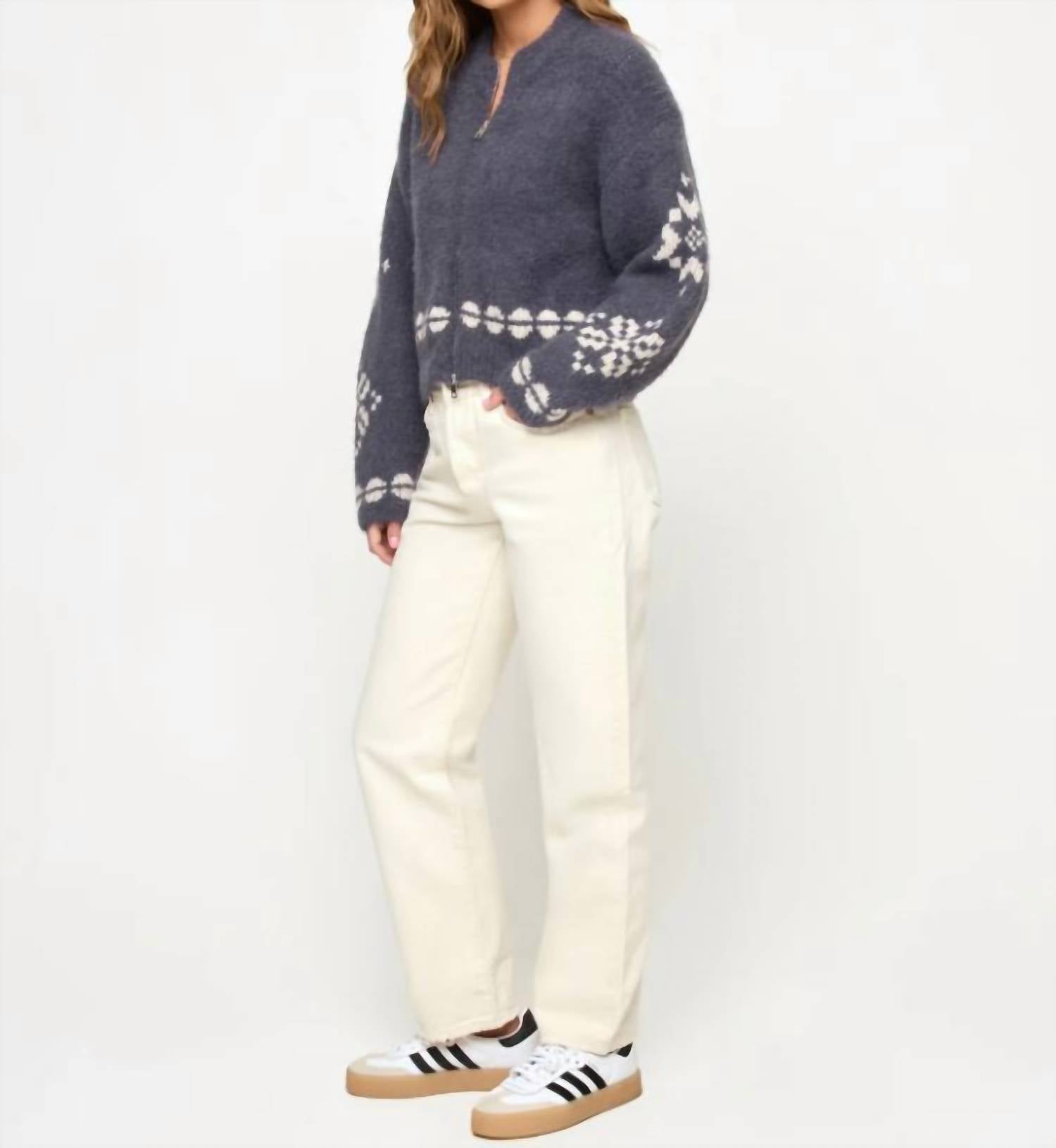 L*SPACE Cosmos Zip Sweater in snowy mile fair isle - women's sweater - detail view