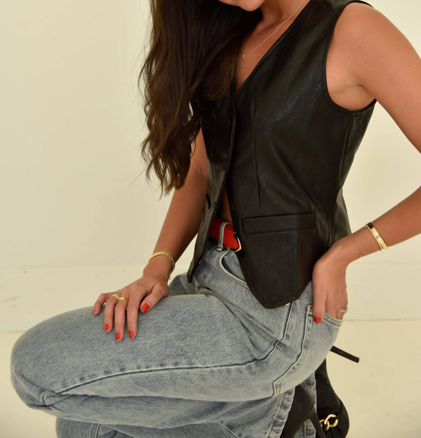 Beige Botany - Leather V-neck Vest