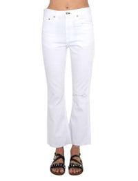 Women's White With Holes Cropped Jeans Stretch Denim Pants