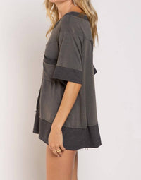 POL Crusin' Rib Trimmed Top in stone charcoal - women's dress - alternate view