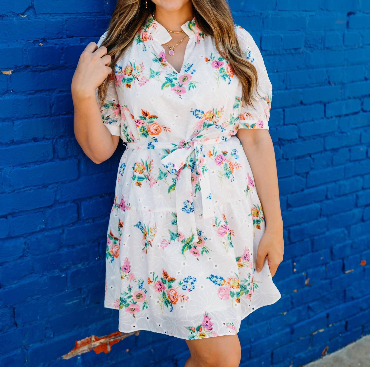 Jade - Floral Eyelet Ruffle Neck Hem Dress