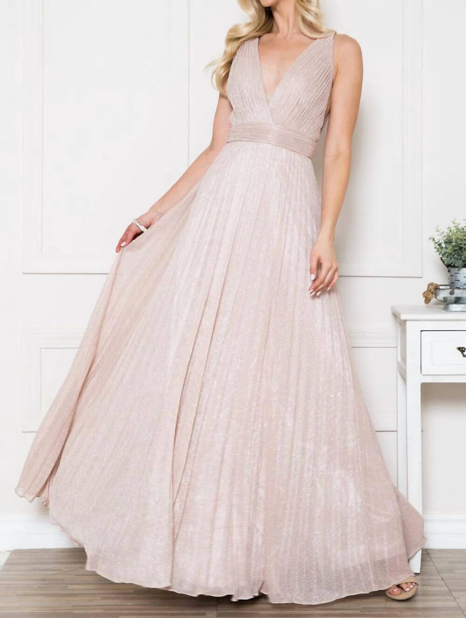 Amelia Couture - Pleated Metallic V-neck Gown