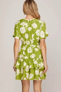 She + Sky - Short Sleeve Woven Print Tiered Dress