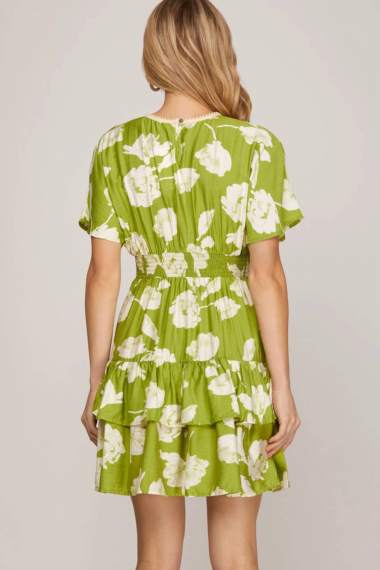 She + Sky - Short Sleeve Woven Print Tiered Dress