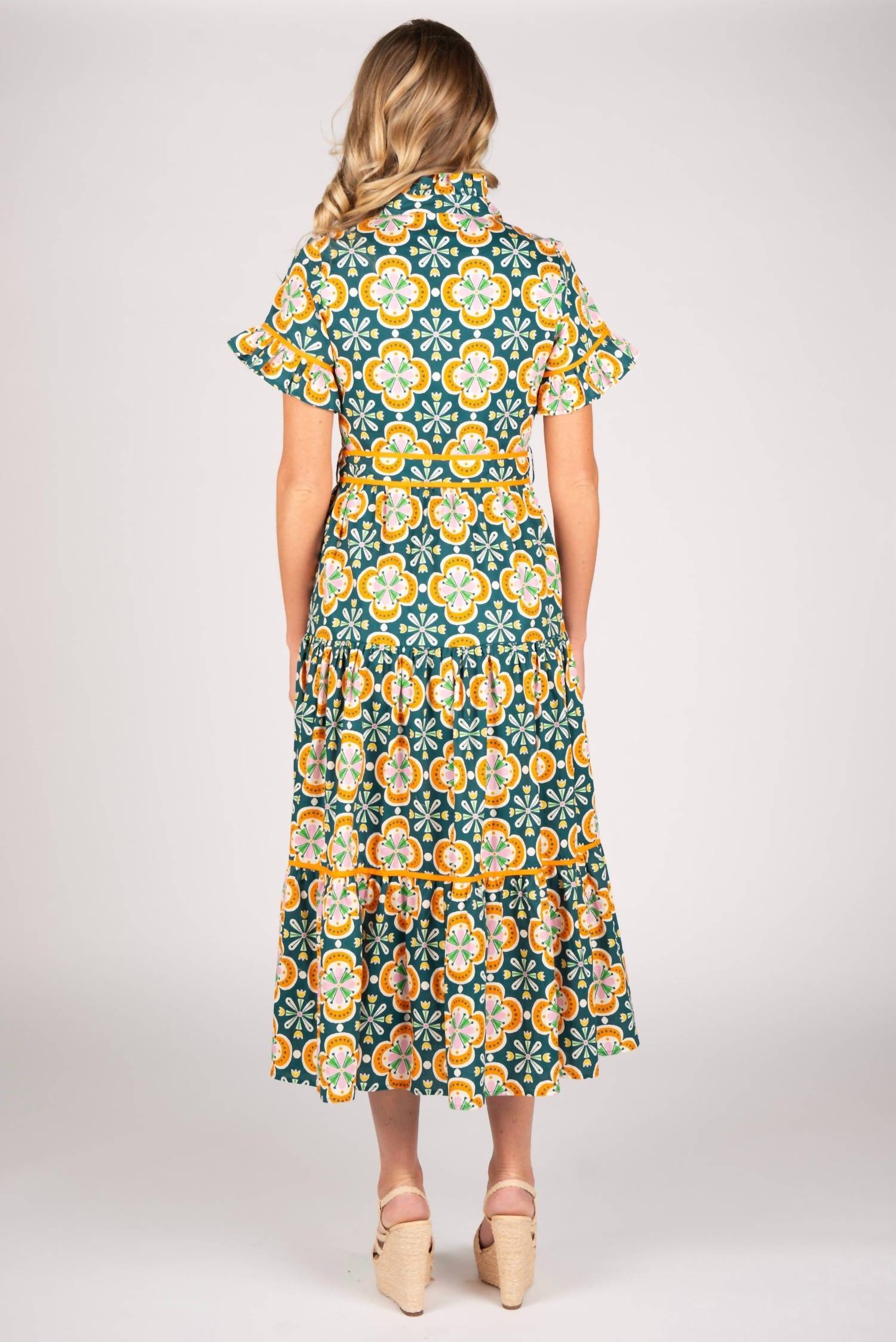 Sincerely Ours Lena Clementine Tile Maxi Dress in teal bright orange - women's dress - detail view