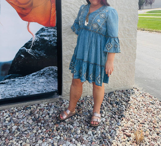 Papillon - Women's Sophia Embroidered Denim Bell Sleeve Dress