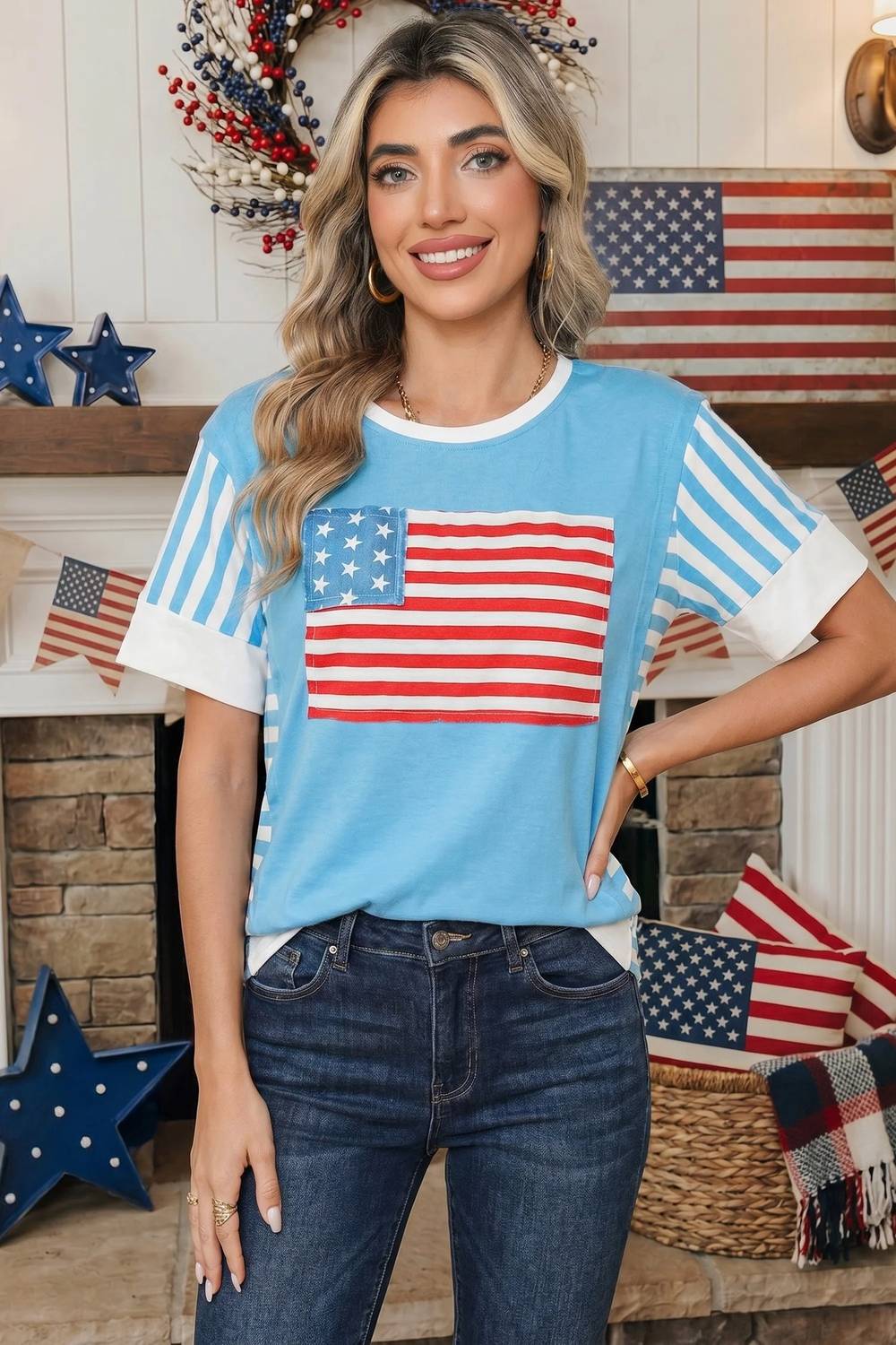 Shewin - Flag Print Colorblock Top