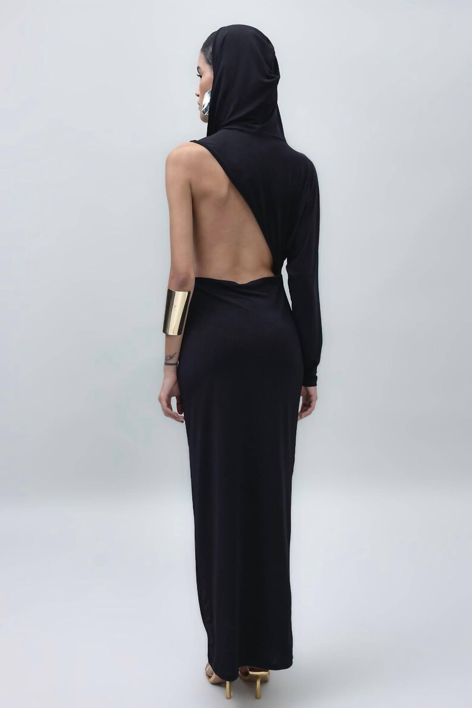 Bsl - Hooded One Sleeve Open Back Maxi Dress