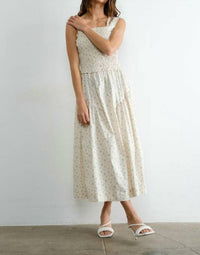 Creamon Margot Retro Bow Tie Back Smocked Midi Dress in beige - women's dress - detail view