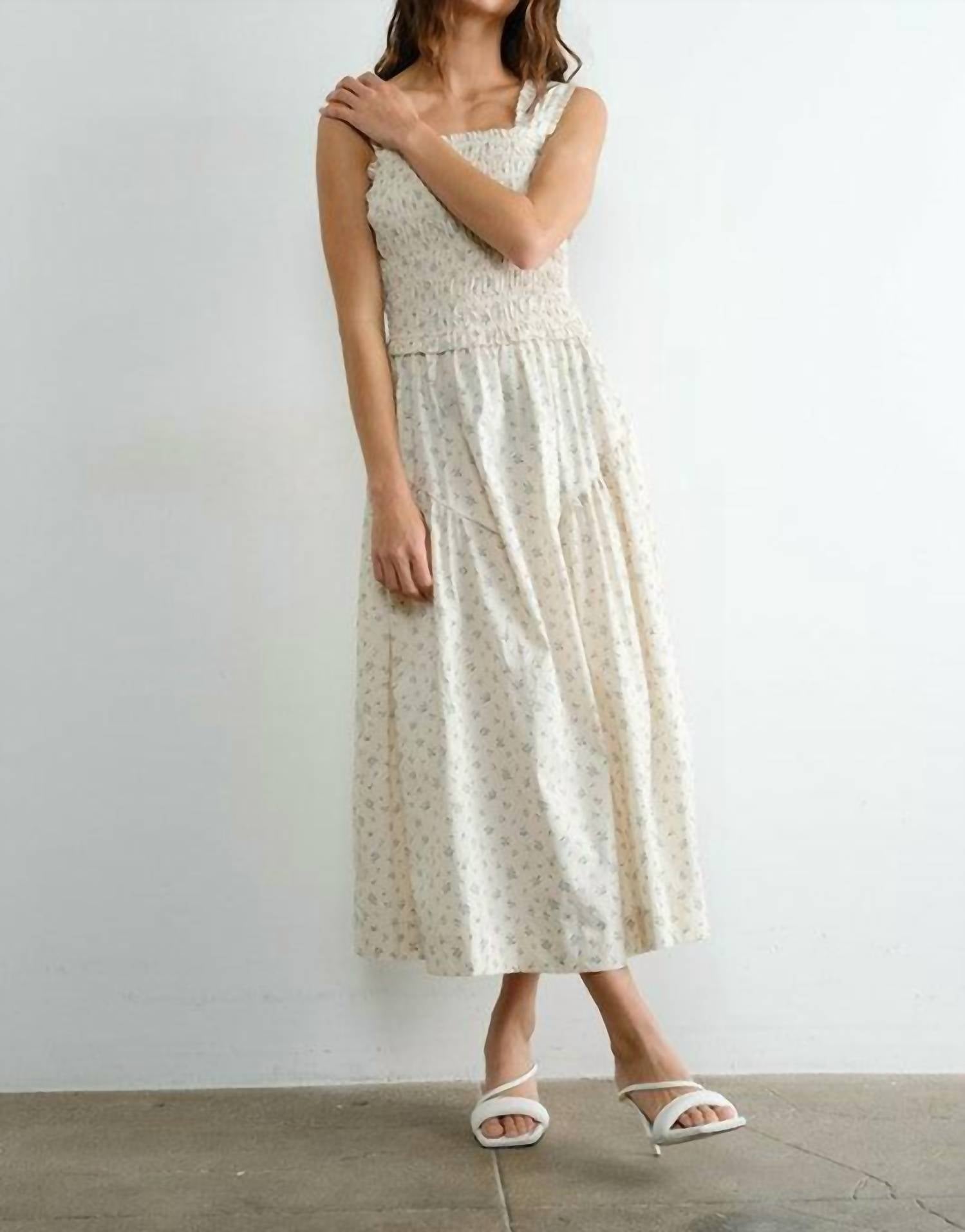 Creamon Margot Retro Bow Tie Back Smocked Midi Dress in beige - women's dress - detail view