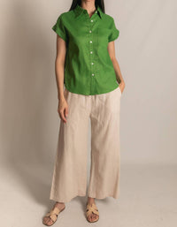 P.CILL Women's Linen Relaxed Short Sleeve Button Up Shirt in grass green - women's shirt - view 6