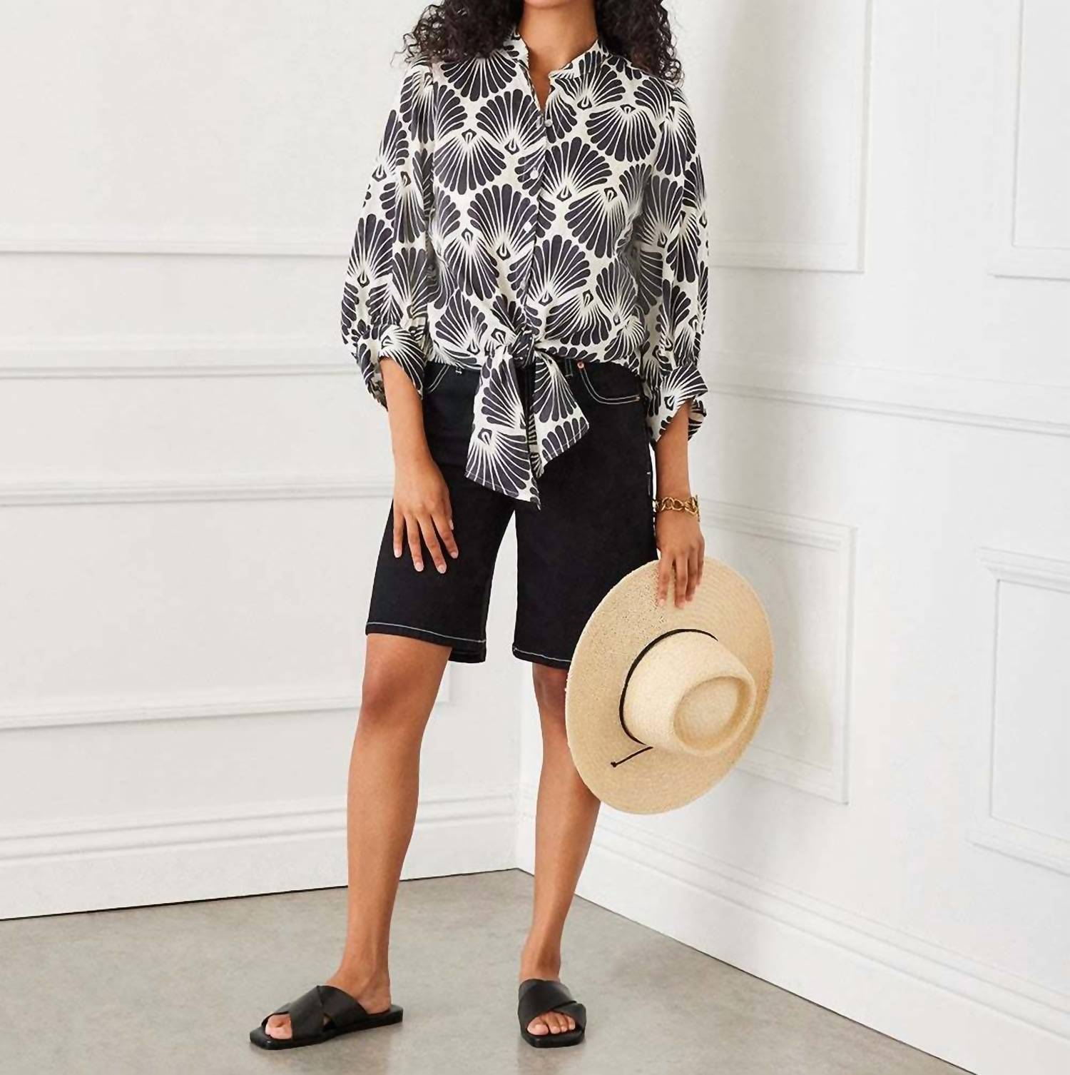 Karen Kane - Women's Petite Size Blouson Sleeve Linen Tie Front Top