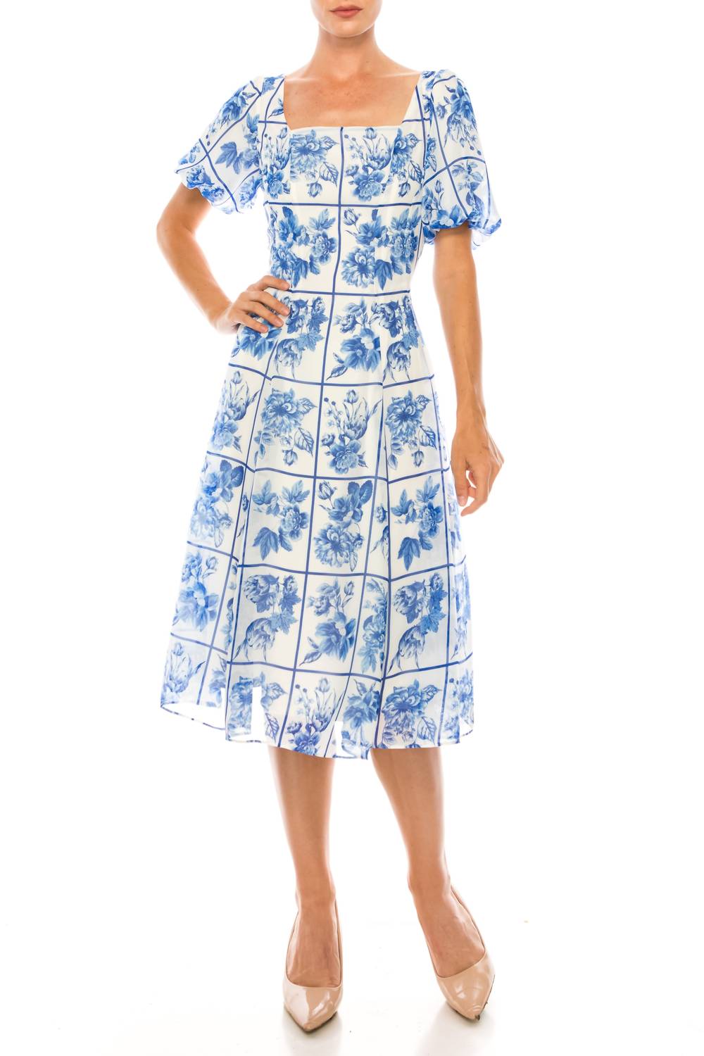 Maison Tara - Square Floral Short Puff Sleeve A-line Midi Dress