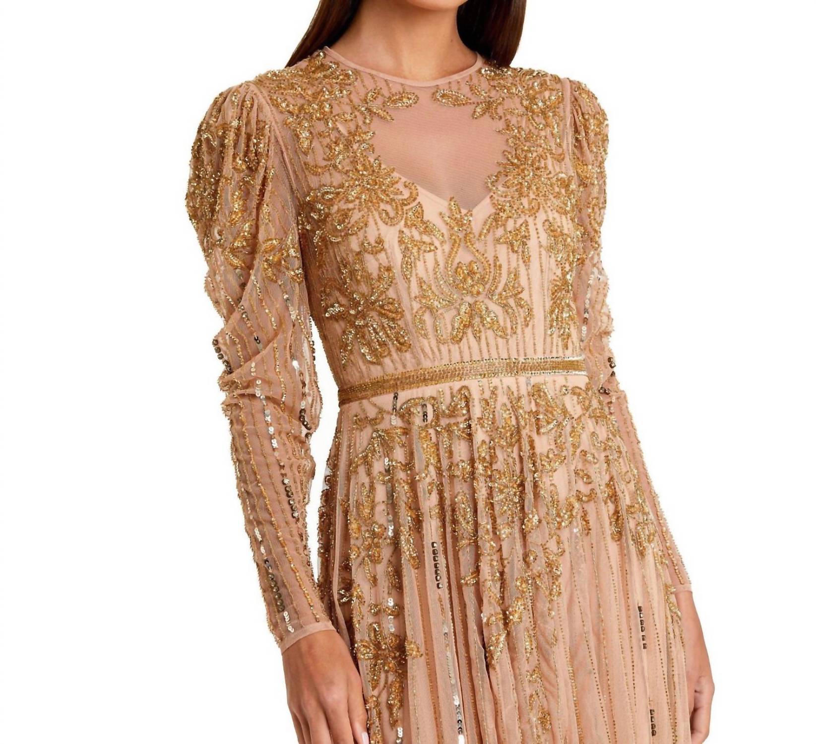 Mac Duggal - Beaded Illusion Puff Sleeve Gown