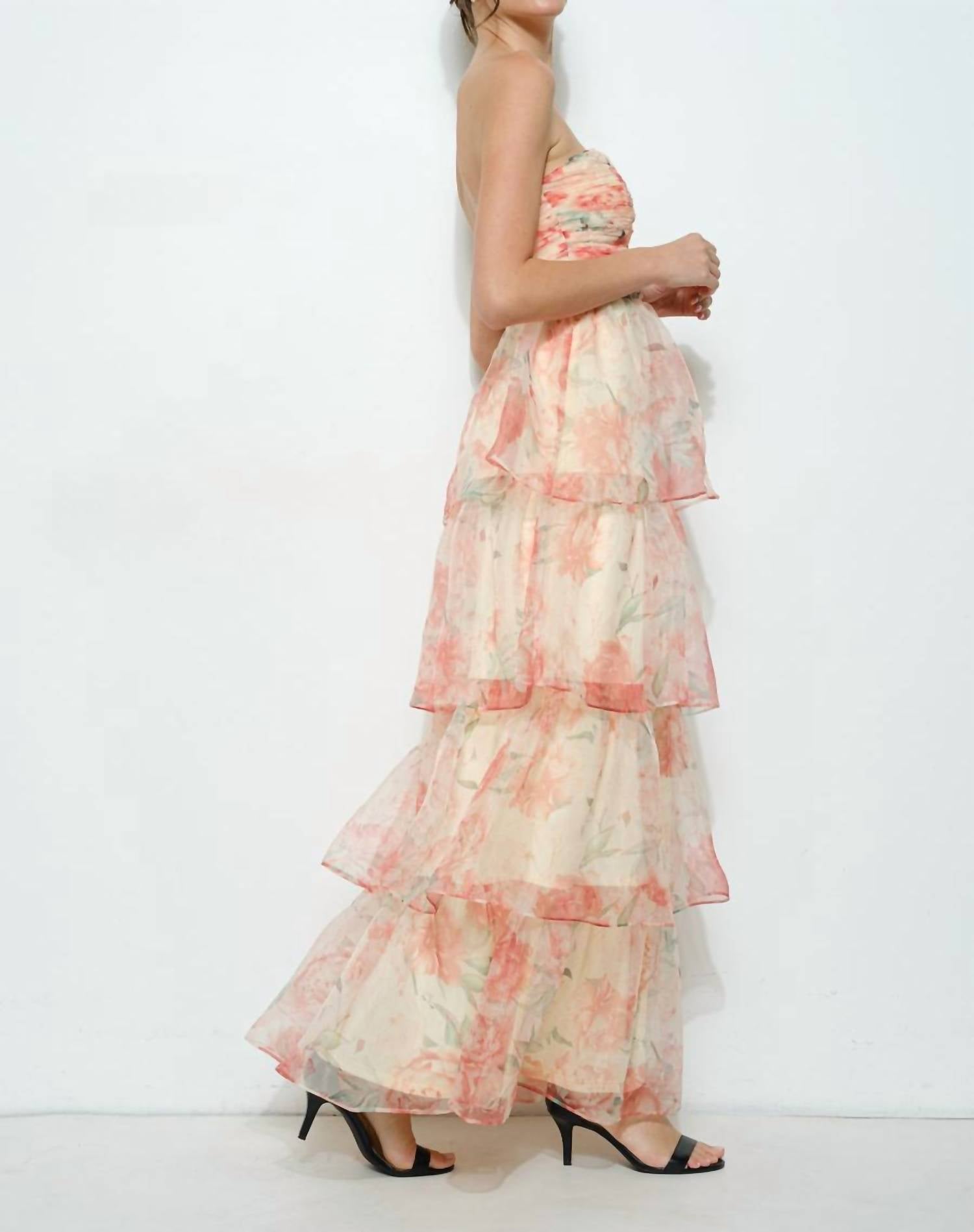 INA Fashion Floral-Tiered Strapless Maxi Dress in orange multi - women's dress - detail view