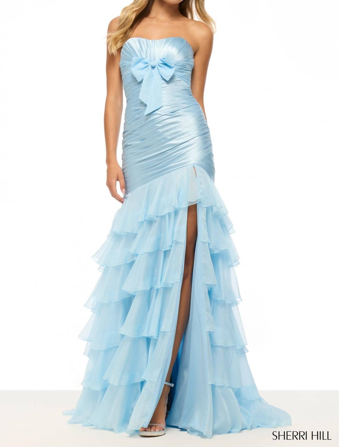 Sherri Hill Strapless Mermaid Stretch Satin Gown in light blue - women's dress