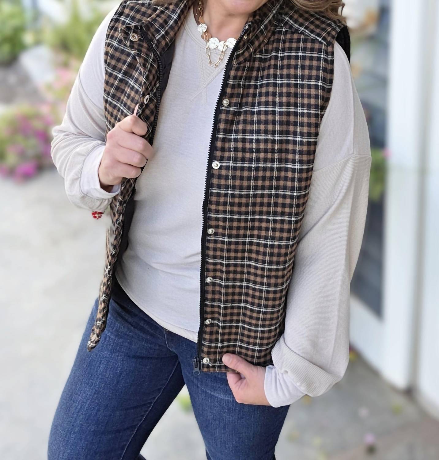 STACCATO Plaid Snap Zipper Vest in taupe black - women's jacket - view 5