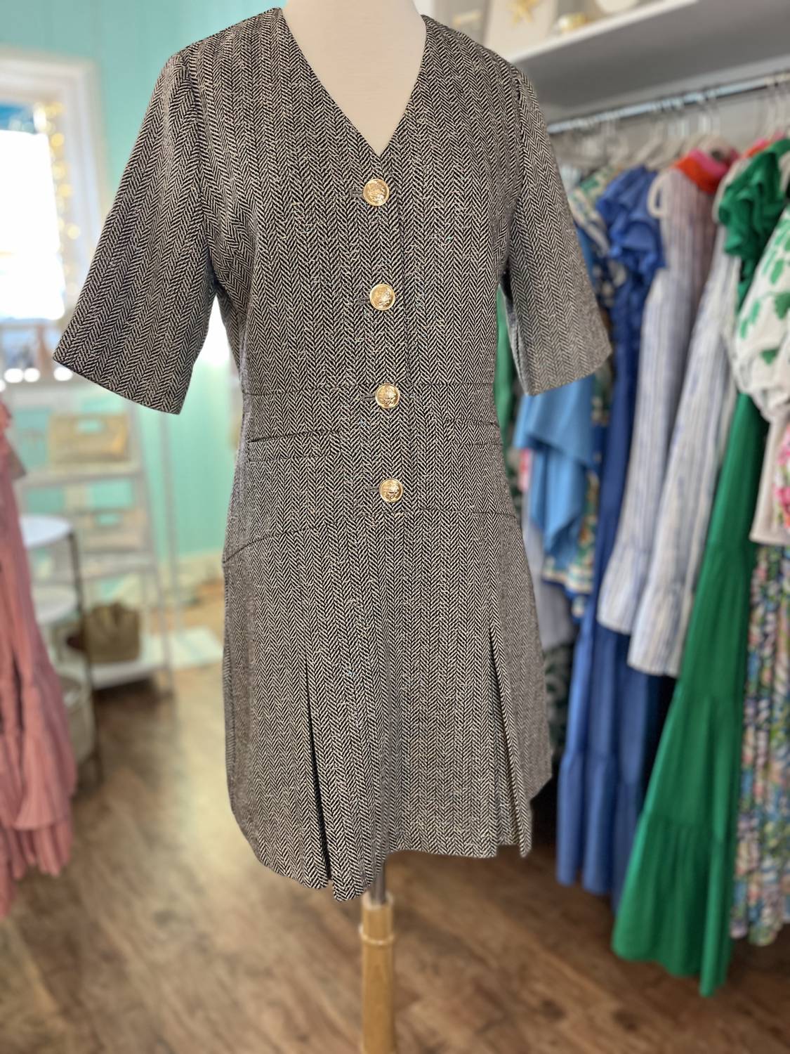 Boho Chic Women's Tweed blend dress with front pleat detail in grey multi - women's dress
