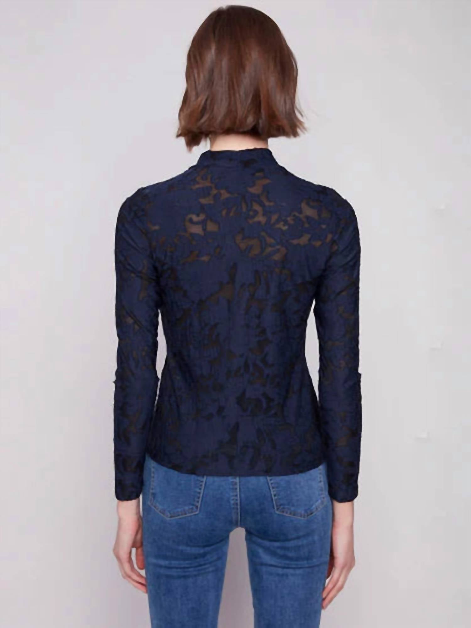 CHARLIE B Long Sleeve Burnout Mesh Mock Neck Top in blue - women's blouse - view 4