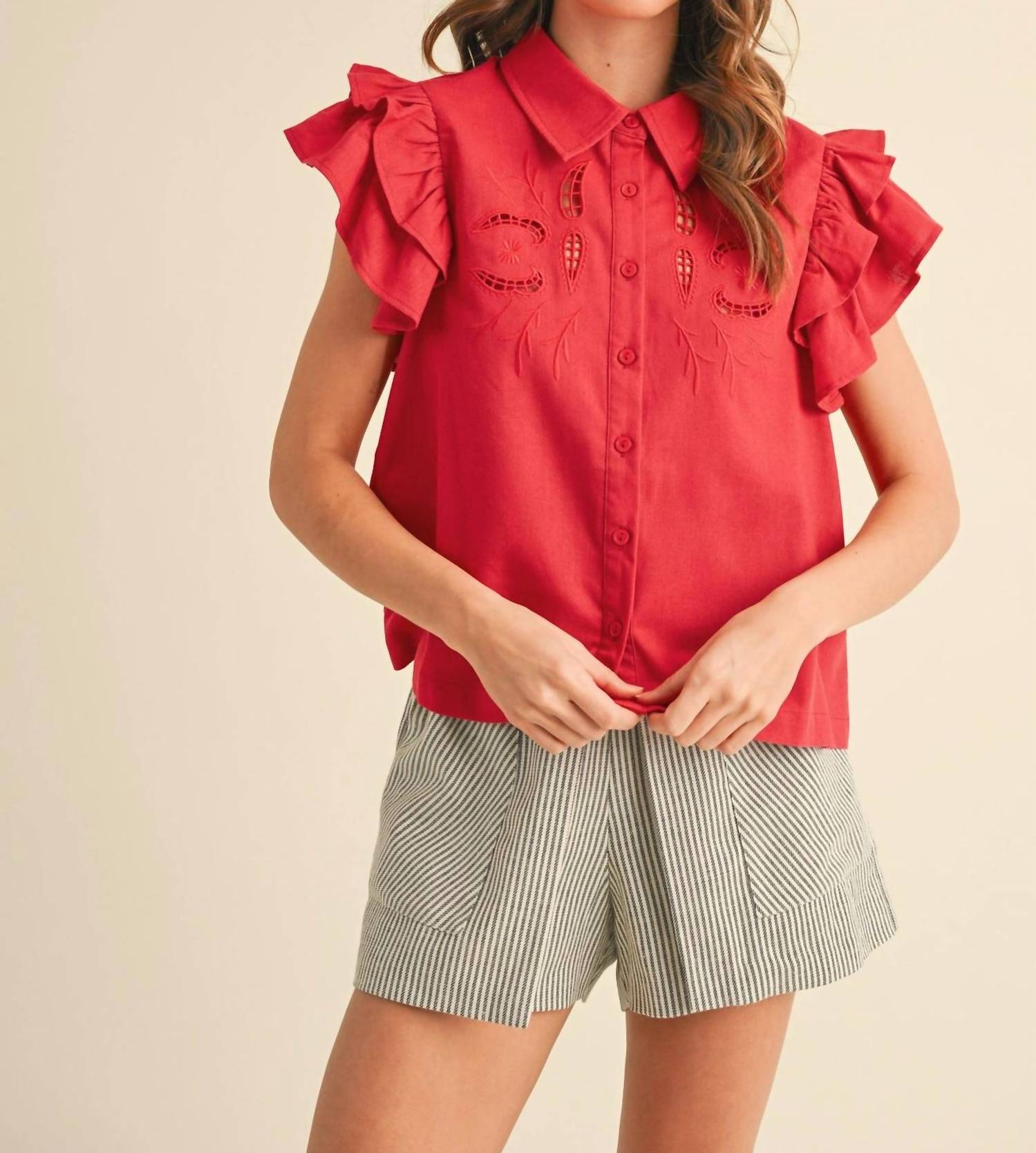 Merci - Embroidered Cut Out Button Down Top