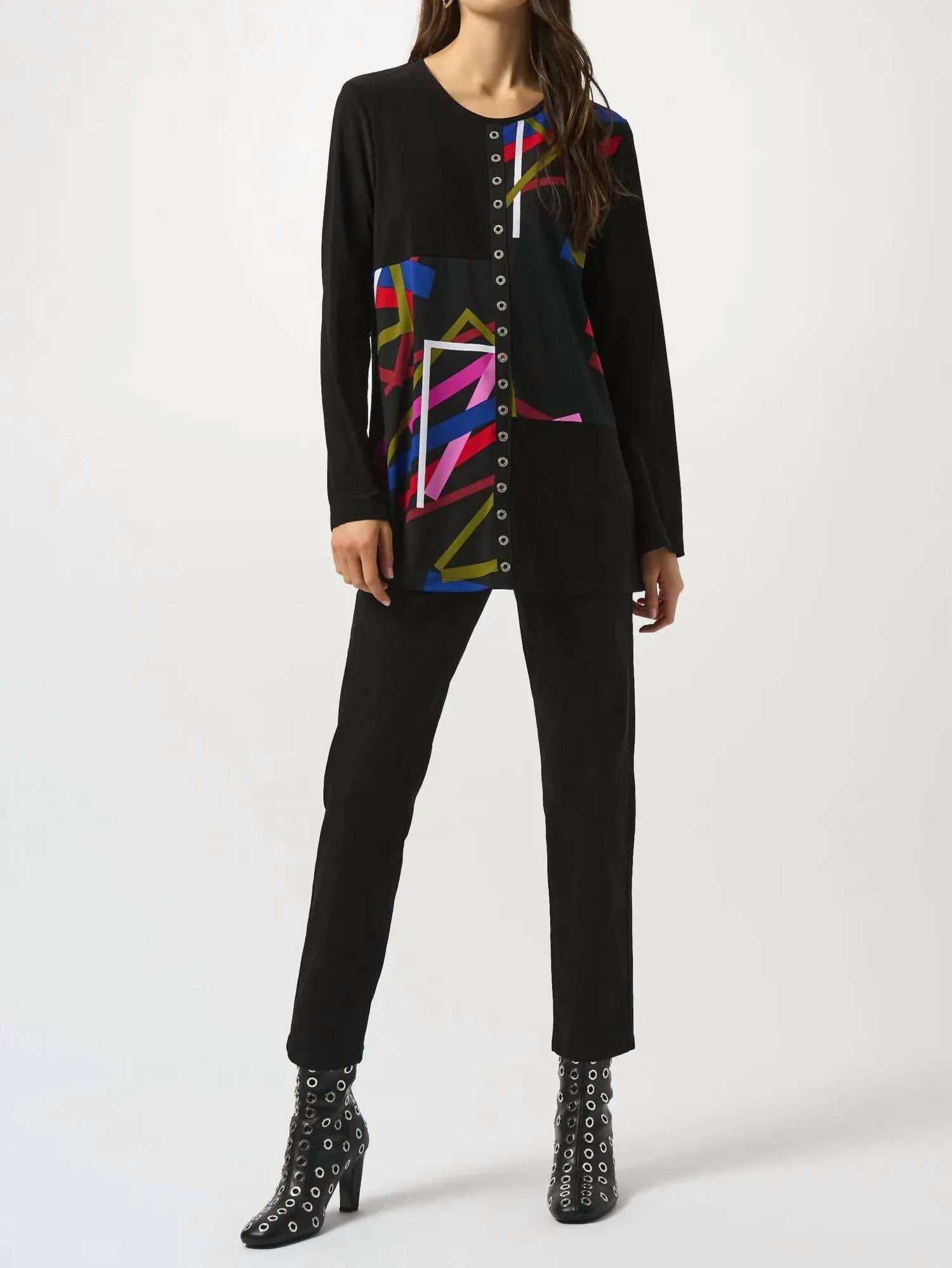 Joseph Ribkoff ABSTRACT FRONT PRINT TOP in black multi - women's shirt