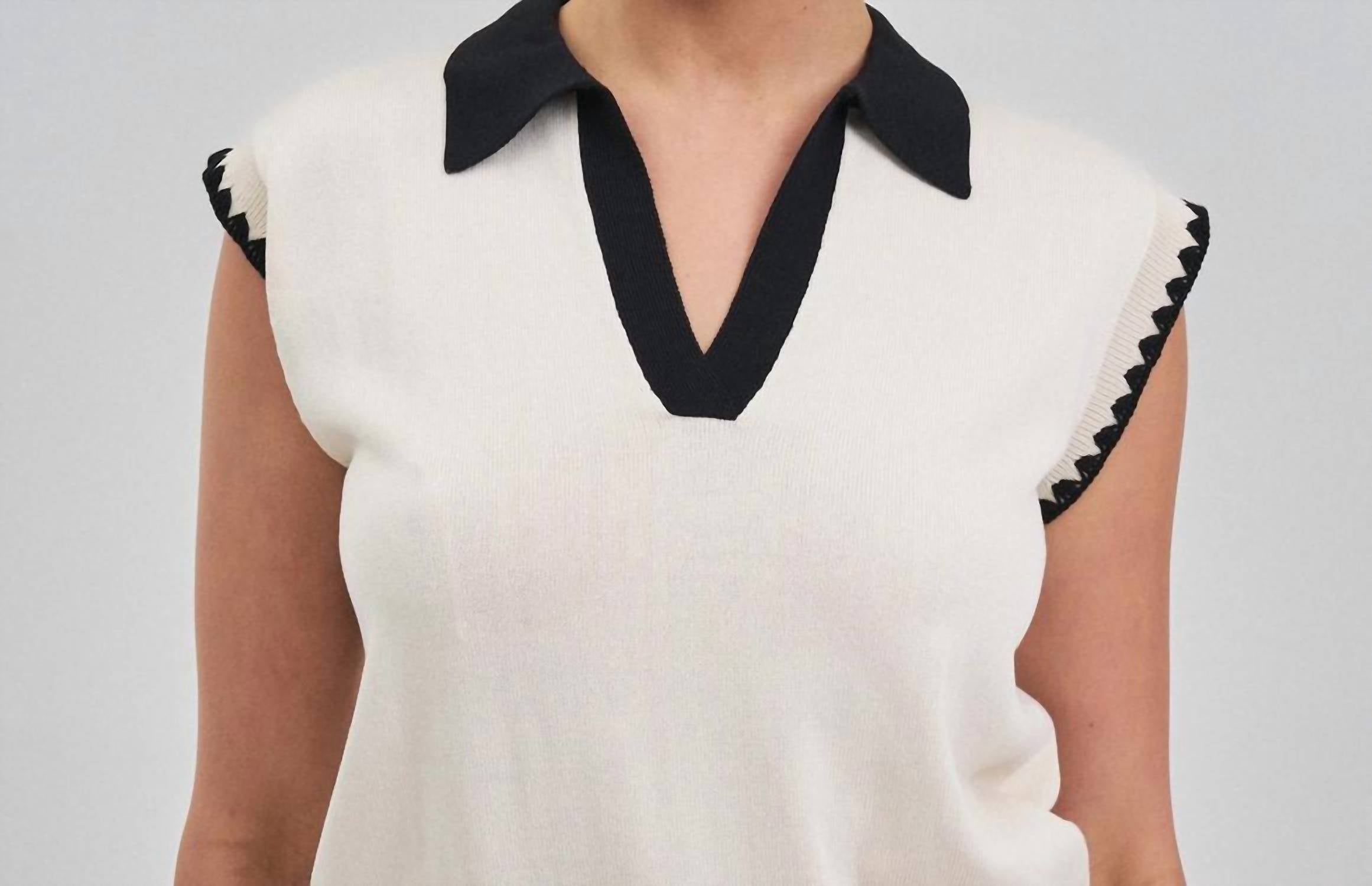 Able - Contrast Collared V Neck Knit Top