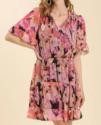 Umgee - Split Neck Front Tie Tiered Dress With Lining