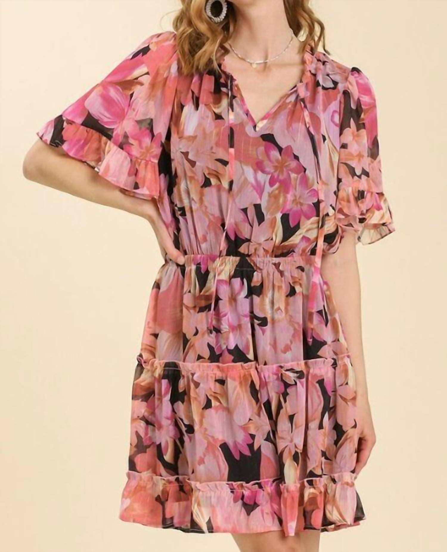 Umgee - Split Neck Front Tie Tiered Dress With Lining